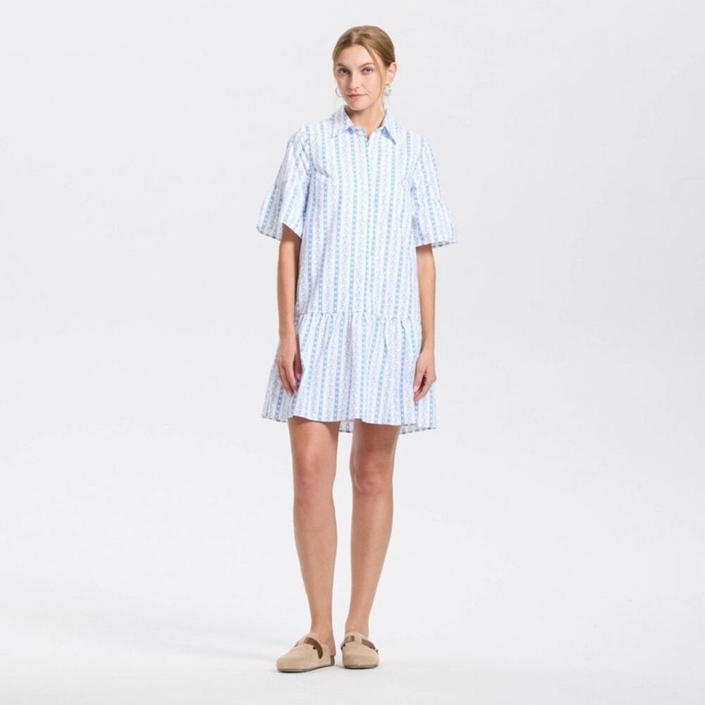 Women's Elbow Sleeve Poplin Mini Shirtdress - White/Blue Striped L
